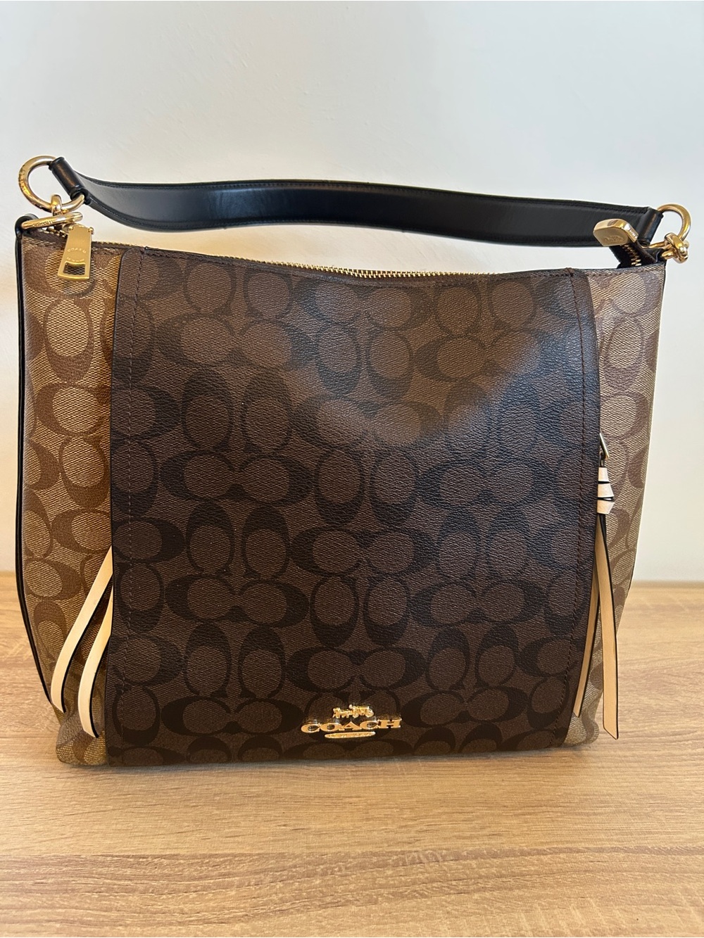 Coach Brown Signature Canvas Shoulder Bag with Black Strap and Gold Hardware
